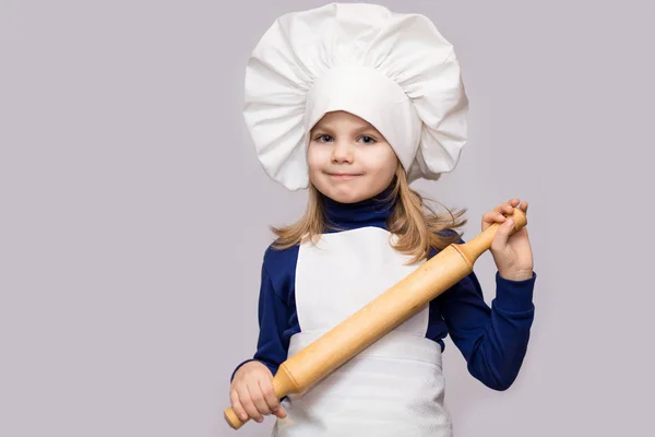 Children Cook Happy Little Girl Chef Uniform Holds Rolling Pin — Stock Photo, Image