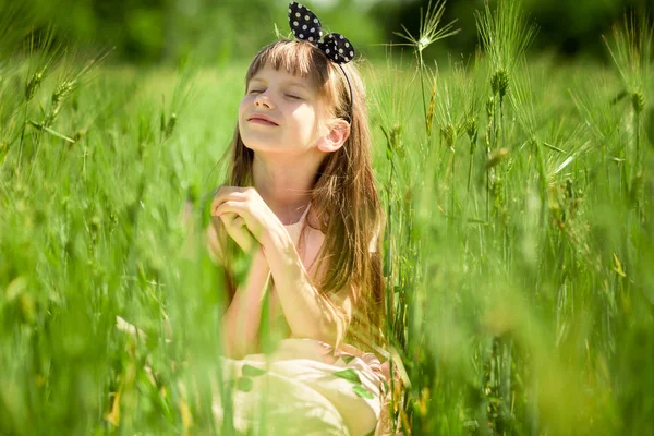 Portrait Beautiful Little Girl Elegant Dress Middle Green Summer Field — Stock Photo, Image