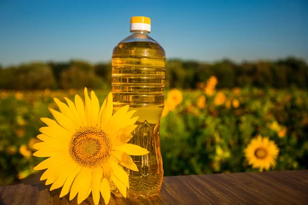 Bottle of oil on wooden stand with sunflowers field background. Sunflower oil improves skin health