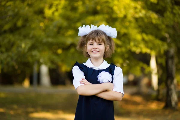 Boldog Kis Iskolás Iskolai Egységes Parkban Szabadtéri Portréja — Stock Fotó