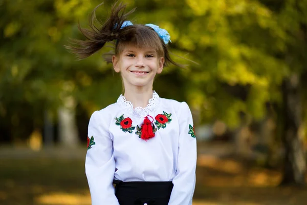 Outdoor Portrait Happy Little Schoolgirl School Uniform Park — Stock Photo, Image