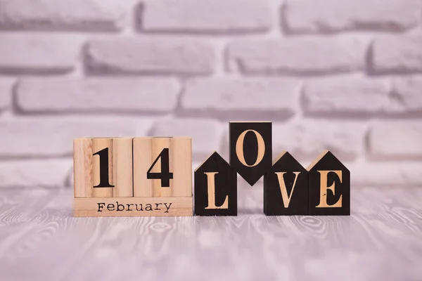 Februari Ingesteld Houten Kalender Met Tekst Love Zwarte Houten Blokken — Stockfoto