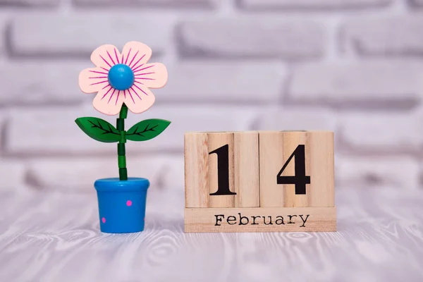 2月14日第14天的每月在木日历与玩具花在白色砖背景 情人节快乐 — 图库照片