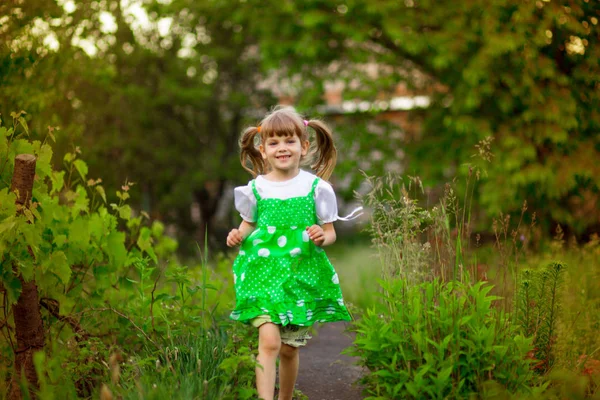 Pequena Menina Caminhar Jardim Verde Dia Ensolarado Verão — Fotografia de Stock