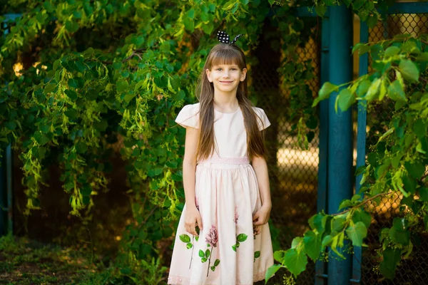 Retrato Menina Bonita Vestido Elegante Meio Campo Verão Verde — Fotografia de Stock