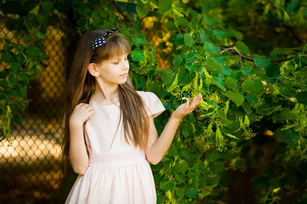 Portrait Belle Petite Fille Robe Élégante Milieu Champ Vert Été — Photo