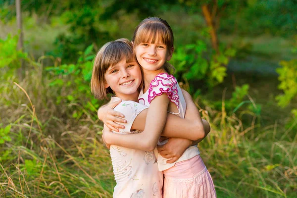 Two Adorable Little Sisters Laughing Hugging Sunny Day Summer Park — Stock Photo, Image