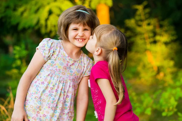 Två Bedårande Små Systrar Skratta Och Kramas Solig Dag Sommar — Stockfoto