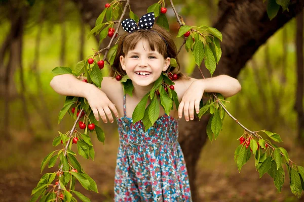 Heureuse petite fille jouer près de cerisier dans le jardin d'été. Cueillette de cerises à la ferme fruitière. Cueillette des cerises dans le verger d'été . — Photo