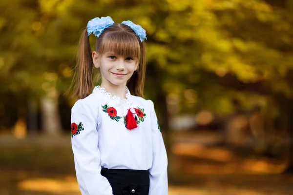 Portrait de belle jeune élève de première année en uniforme scolaire festif sur fond parc d'automne. Début des leçons . — Photo