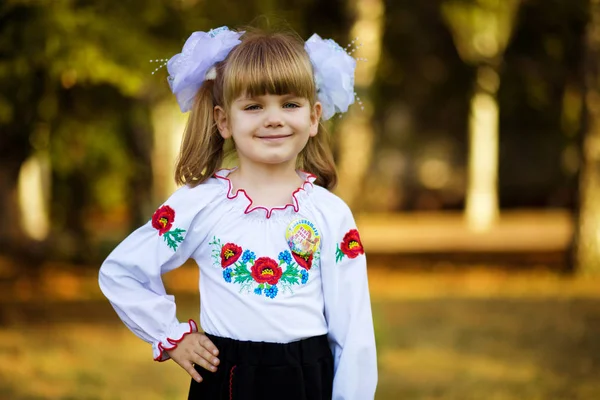 Portret van mooie jonge eerste grader in feestelijke school uniform op achtergrond herfst Park. Begin van de lessen. — Stockfoto