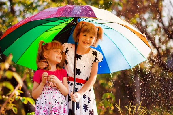 Renkli şemsiye sonbahar duş yağmur altında oynayan çocuklarla. Küçük kızlar Yağmurlu hava ile parkta oynamak. Sonbahar açık eğlenceli çocuklar için. Yağmur damlaları yakalamak çocuk.