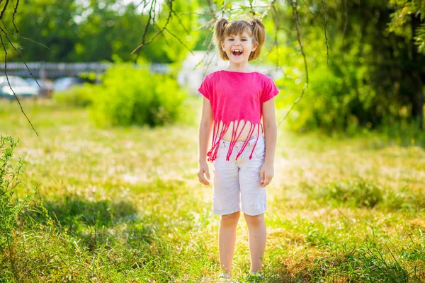 Очаровательная маленькая девочка смеется на лугу - счастливая девушка — стоковое фото