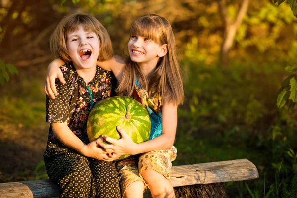 Two funny little sisters eating watermelon outdoors on warm and sunny summer day. Healthy food for little kids.