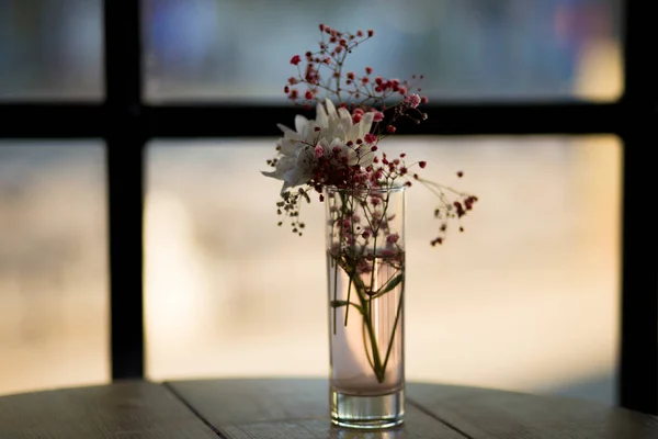 Ramo de flores de manzanillas en el alféizar de la ventana — Foto de Stock
