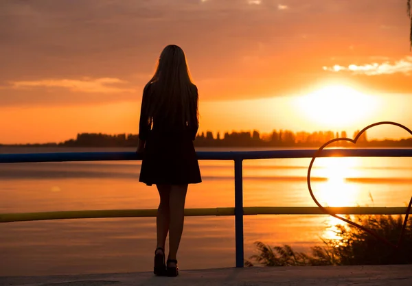 Retrovisore ritratto di felice ragazza silhouette contemplare il sole al tramonto sulla spiaggia — Foto Stock