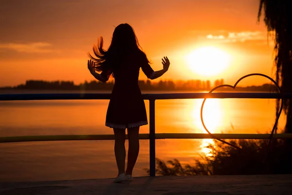 Visão traseira retrato da silhueta menina feliz contemplando o sol ao pôr do sol na praia — Fotografia de Stock
