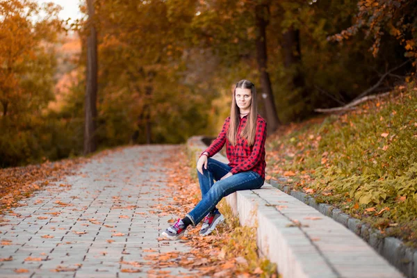 Afbeelding van gelukkig vrolijk glimlachend jong student meisje buiten zitten in de natuur herfst Park — Stockfoto