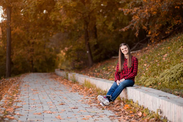 Imagen de feliz alegre y sonriente joven estudiante sentada al aire libre en el parque natural de otoño —  Fotos de Stock
