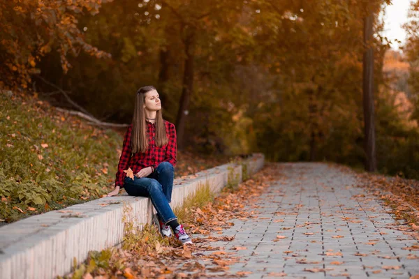 Obrázek šťastné a veselé mladé studentky, která sedí venku v přírodě podzimní Park — Stock fotografie