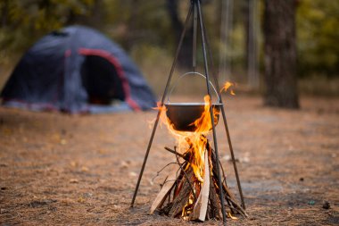 Sonbahar ormanlarında mavi çadırla şenlik ateşinde yürüyüş yapmak.