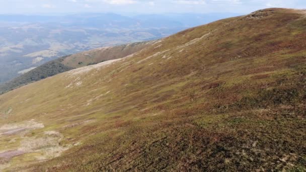 Aerial Drone View Female Hiker Red Standing Top Mountain Summer — Stock Video