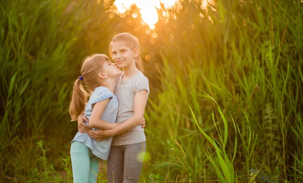 Retrato Dos Hermanas Niñas Adorables Felices Fondo Verde Naturaleza Atardecer —  Fotos de Stock