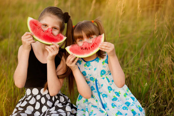 Funny little girls child eating watermelon in summer field