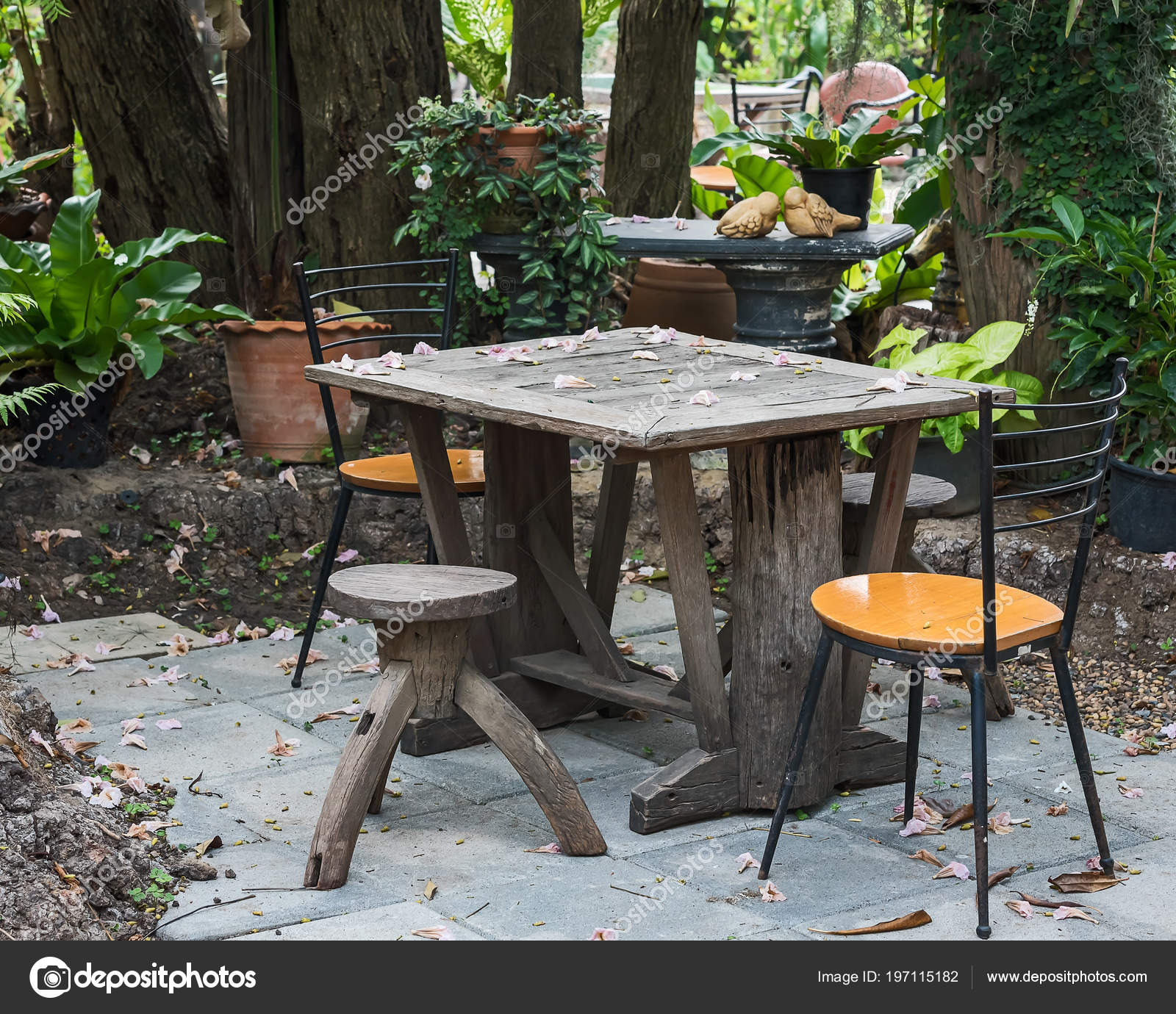 Old Wooden Table Set Garden Stock Photo Appstock 197115182 Old Wooden Table Set Garden Stock Photo