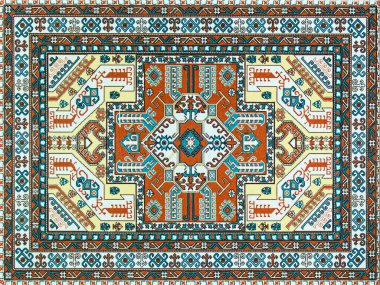 Geleneksel folk geometrik süslemeli renkli doğu pikseli mozaik halı. Halı kenar çerçeve deseni.