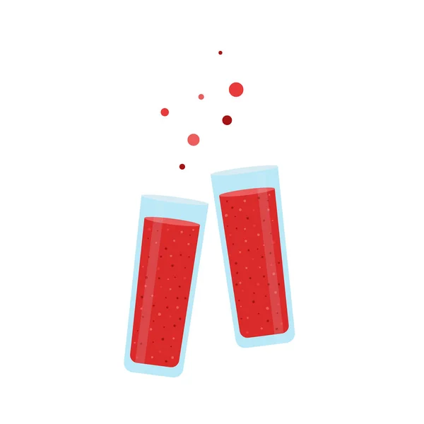 Clinking glazen vol rood sap van aardbei op een witte geïsoleerde achtergrond. — Stockvector