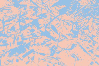 Grunge pastel arka plan. Çizgili, nokta, sopa, yaprak ve narin pembe ve mavi renklerde şekilsiz figürler şeklinde soyut görüntüler. 