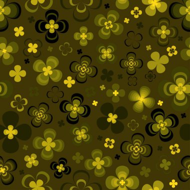 Yeşil arka plan üzerinde soyut sarı ve yeşil çiçekler. Dikişsiz desen.
