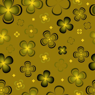 Altın bir arka plan üzerinde soyut sarı ve yeşil çiçekler. Dikişsiz desen.
