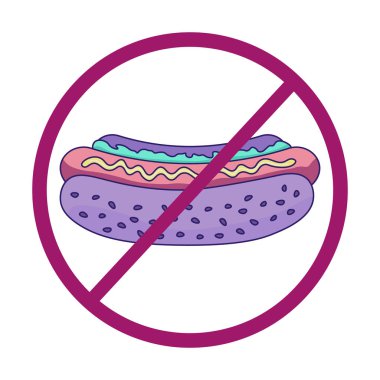 Fast food'u bırak. Dur sembolü ile izole beyaz arka plan üzerinde hot dog. Pastel tonlarda renk hotdog.