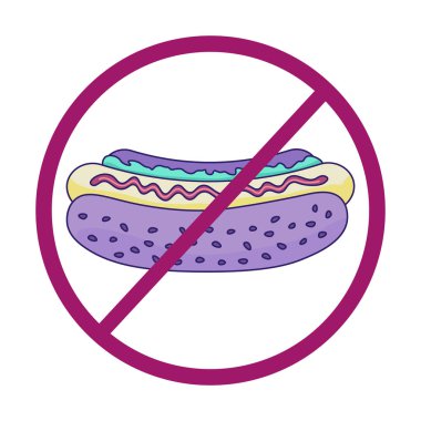 Fast food'u bırak. Dur sembolü ile izole beyaz arka plan üzerinde hot dog. Pastel tonlarda renk hotdog.