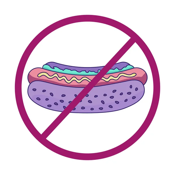 Stop fast food. Hot dog on isolated white background with stop symbol.Color hotdog in pastel tones. — Stock Photo, Image