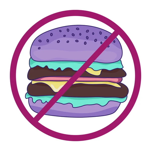 Stop fast food. Burger on isolated white background with stop symbol.Purple burger in pastel tones. Fast food concept.