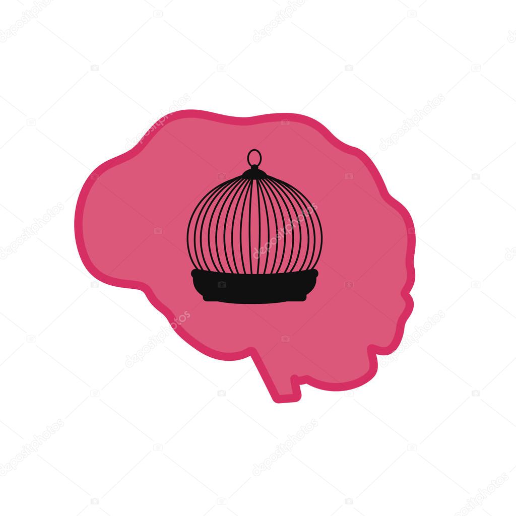 Cage for birds inside the pink human brain on an isolated white background.
