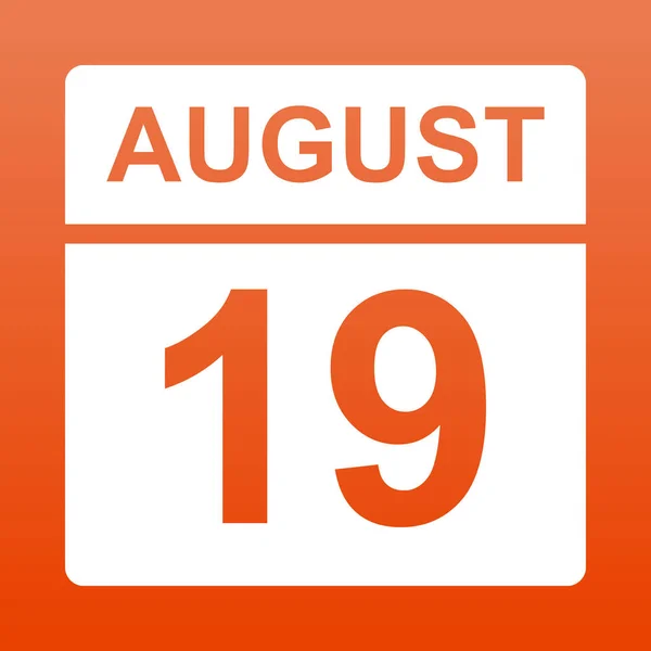 Le 19 août. Calendrier blanc sur un fond coloré. Jour sur le calendrier. Dix-neuvième août. Fond rouge avec dégradé. Illustration vectorielle simple . — Image vectorielle