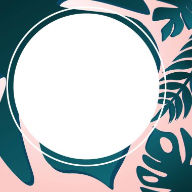 Tropik yaprakların yuvarlak çerçevesi. Afiş tebrikler için, düğün, dekor, reklam, online dekorasyon, hikayeler. Illüstrasyon.