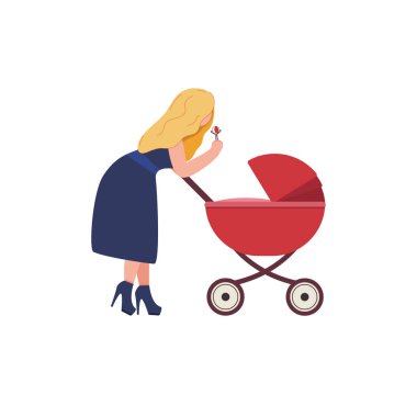 Genç bir anne yeni doğmuş bir bebek arabası üzerinde duruyor ve bir strummer ile bir oyuncak sallar. Illüstrasyon.