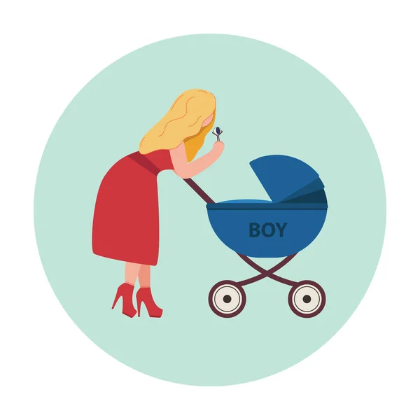 A young mother in a dress and ankle boots is bending over a pram.  Stroller with the inscription boy. Flat illustration. — Stock Photo, Image