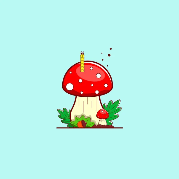 Mosca de cogumelos agárica com um verme, folhas e uma bolota. Ilustração vetorial . — Vetor de Stock
