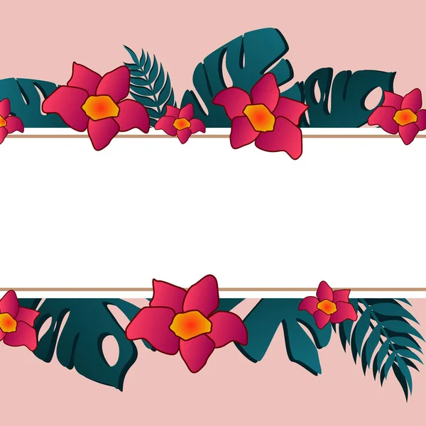 花のカードのデザイン:ヤシの葉とエキゾチックな花。結婚式の招待状、バナーのデザインのための植物の植物の組成。図. — ストック写真