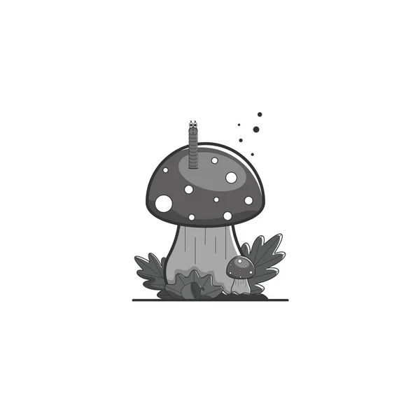Svamp Amanita med en mask, löv och ett ekollon. Skogens sammansättning i svartvita grå toner. Vektor illustration. — Stock vektor