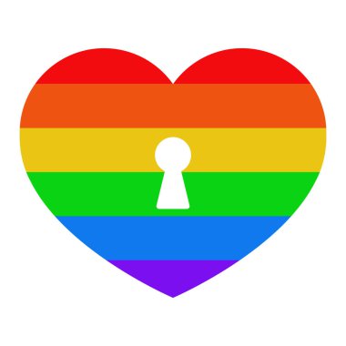 Kilit işareti olan kalp. Beyaz izole arka planda LGBT bayrağı olan simge. Illüstrasyon.