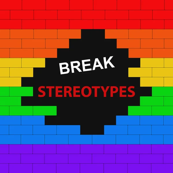 Brick wall colored in lgbt flag with text break stereotypes. Illustration.
