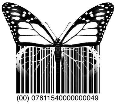 Environment business or environmental industry symbol and the green economy icon as a butterfly transforming to a product upc bar code with 3D illustration elements. clipart