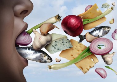 Bad breath and halitosis as unpleasant odor coming out of a mouth as the smell of garlic onions fish or cheese in a 3D illustration style. clipart